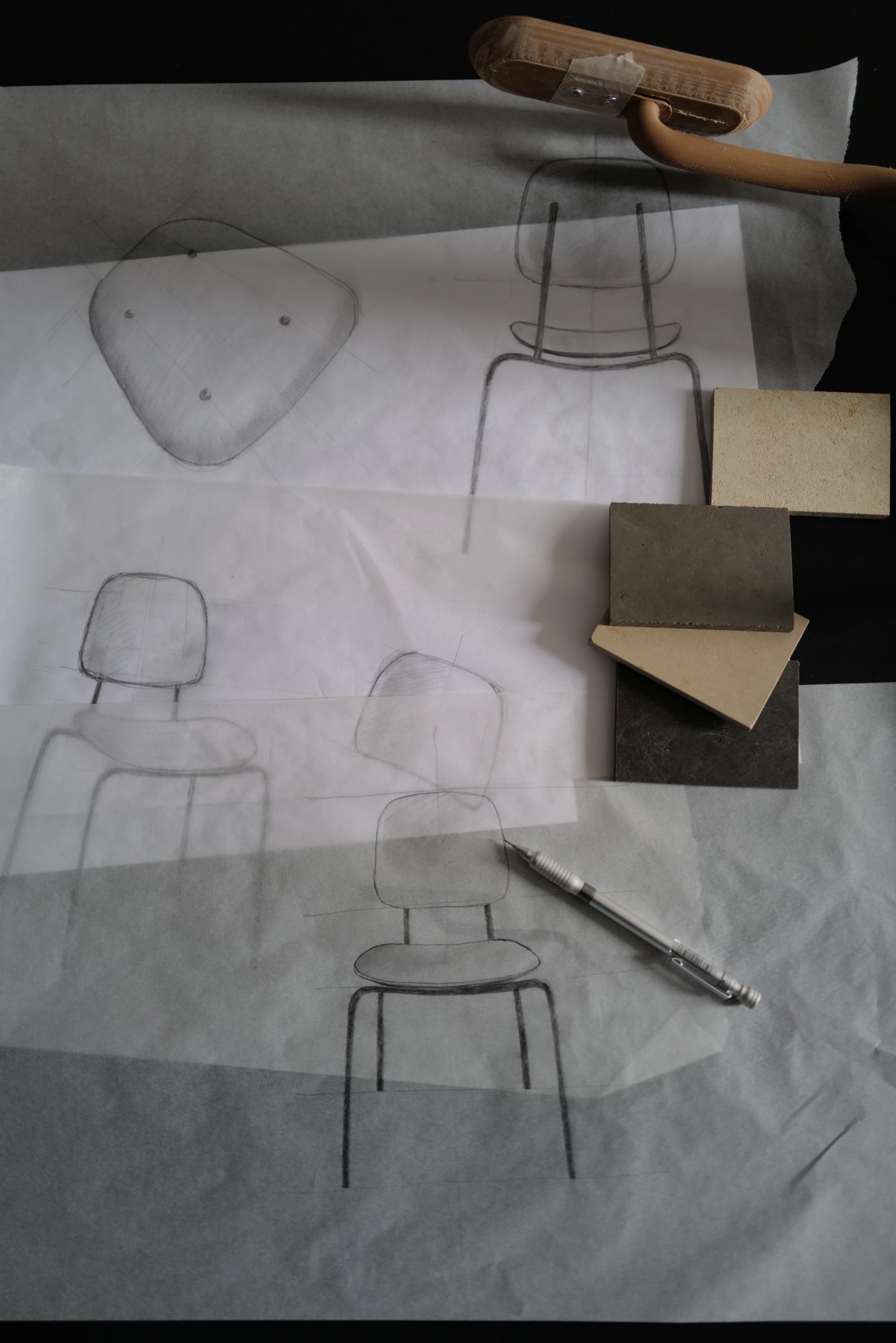 Chair sketches on transparent paper with pen