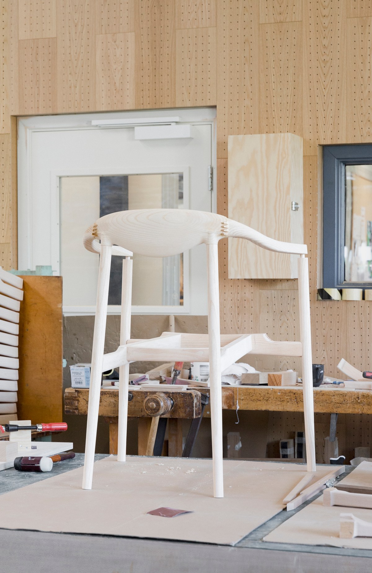 Wooden dining chair in workshop