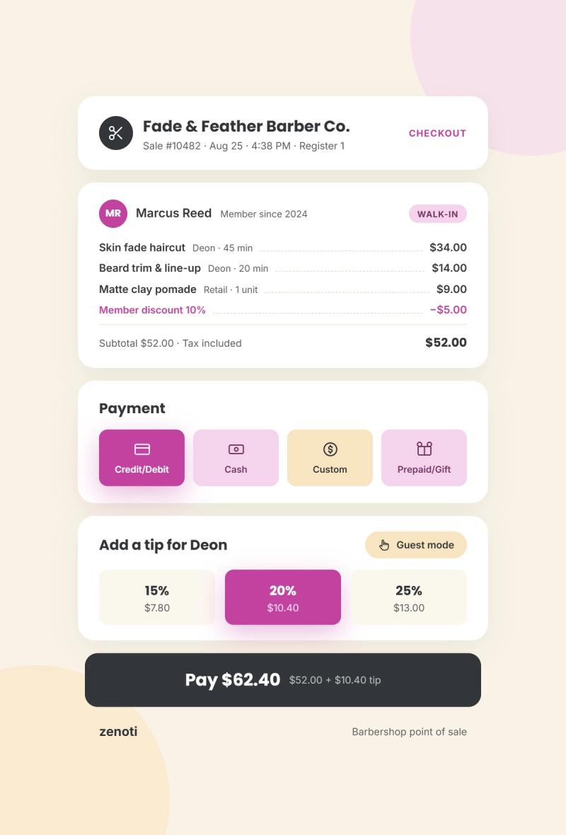 Zenoti barbershop POS checkout — ticket pre-filled from the queue with tip and commission allocated (placeholder image)