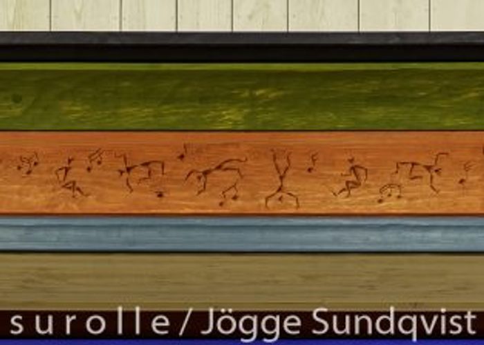 Krönlisten till fönstret fick ett repetitivt mönster med streckfigurer som dansar Halling, en mönster-rapport som påminner om ett partitur.