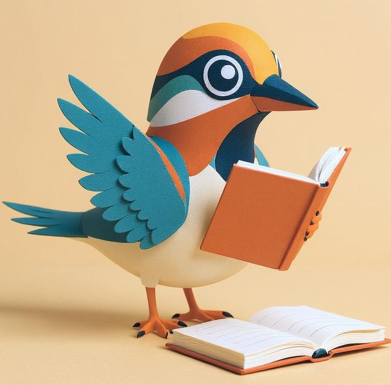 Winston the bird, reading a book.