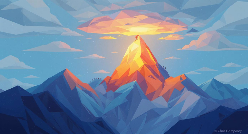 A geometric drawing of sun rising over the mountains and breaking through some clouds.
