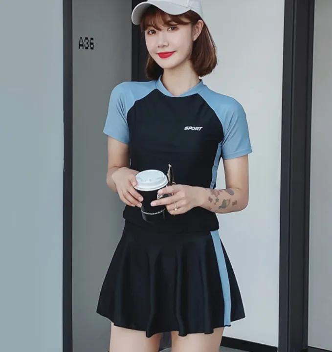 Đồ Bơi Nữ Hai Mảnh Kín Đáo Áo Bơi Tay Ngắn Quần Bơi Dạng Váy AT200 HoaLan. One Size: 39KG-52KG