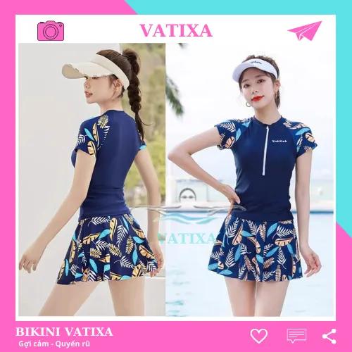 Bikini đồ bơi nữ đi biển 2 mảnh dáng váy duyên dáng quần short trong váy xanh than phối hoạ tiết VATIXA BKN146