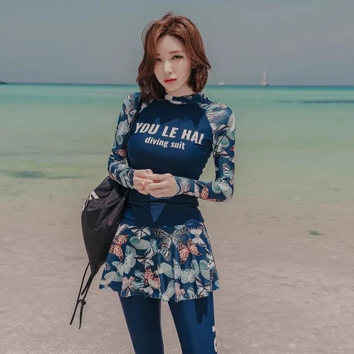 Women's Discreet Swimwear, Long-Sleeved, Long-Sleeved Sun Protection Pants, Korean Style, Short Skirt
