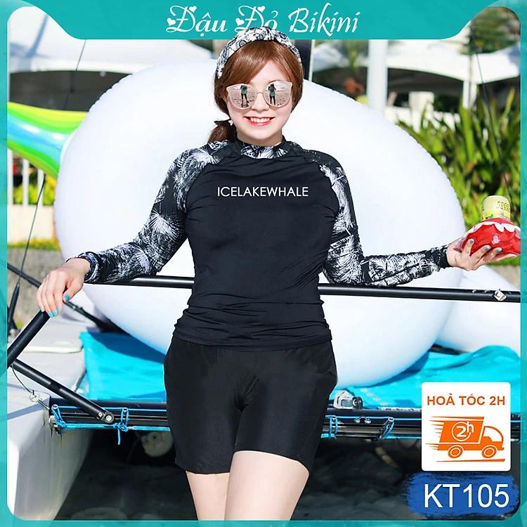 Áo tắm đồ bơi nữ BIG SIZE, mẫu áo tay dài chống nắng & quần short đùi kín đáo, che bắp tay dấu bụng tốt, bộ bơi 3 chi tiết cho người mập béo, size to đến 98kg | KT105