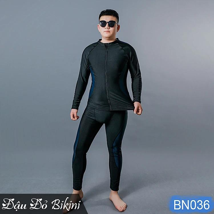 Đồ bơi nam cỡ đại đến 130kg, quần áo tắm big size cho người béo mập, áo dài tay khoá kéo & quần dài chống nắng, chất thun bơi lạnh Hàn co giãn đa chiều | BN036