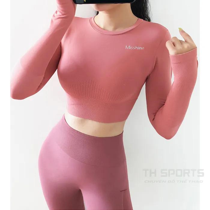Áo croptop tay dài tập gym yoga TH025 cổ tròn vải dệt kim ôm body crotop nữ co giãn tốt TH SPORT
