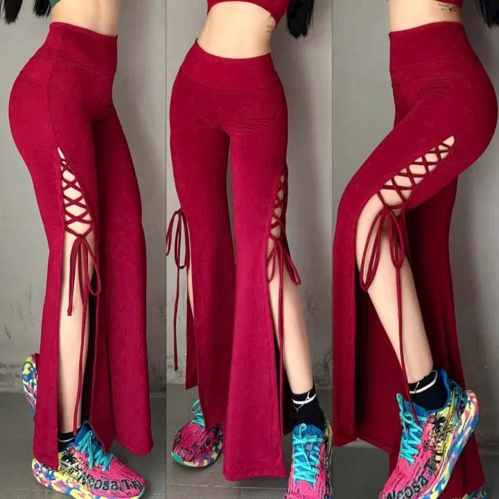 Quần Dài Thể Thao Nữ Cạp Cao Ống Loe Đan Dây Cá Tính Trơn Tập Thể Thao Gym Yoga Đi Chơi Cao Cấp