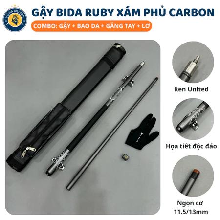 Cơ Bida Lỗ/Líp Ruby Xám Phủ Carbon Cao Cấp - Cơ Bida Đầu Cơ 13mm 11.5mmn [Combo Cơ+Bao+Găng+Tay]