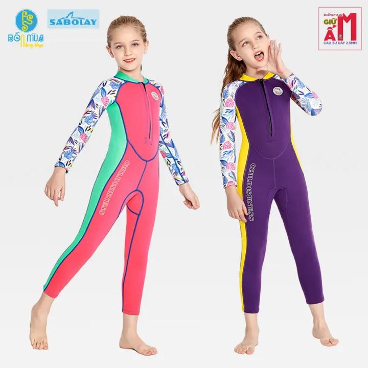 Đồ bơi giữ nhiệt bé gái hiệu SABOLAY chất liệu cao su dày 2.5mm tay dài quần dài chống nắng ngăn tia UV giữ ấm cơ thể