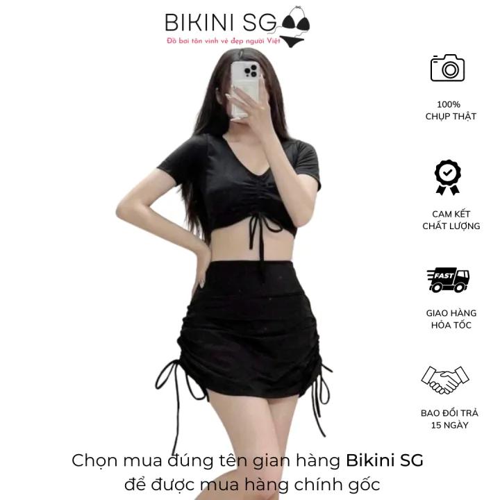 Bikini đồ bơi nữ kín đáo áo croptop rút ngực tay ngắn phối quần chân váy màu đen đi biển