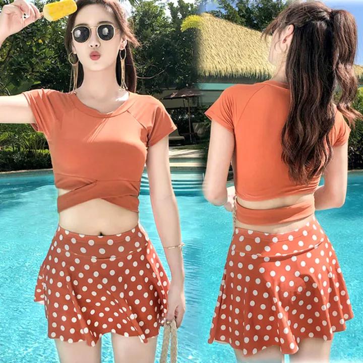 Bikini 2 Mảnh Cộc Tay, Đồ Bơi Nữ Dạng Quần Váy Thời Trang Đi Biển