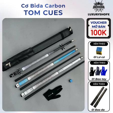 Cơ Bida Lỗ TOM CUES Phủ Carbon, Gậy Bi a Đầu Cơ 13mm, Ren United Cao Cấp Chính Hãng 