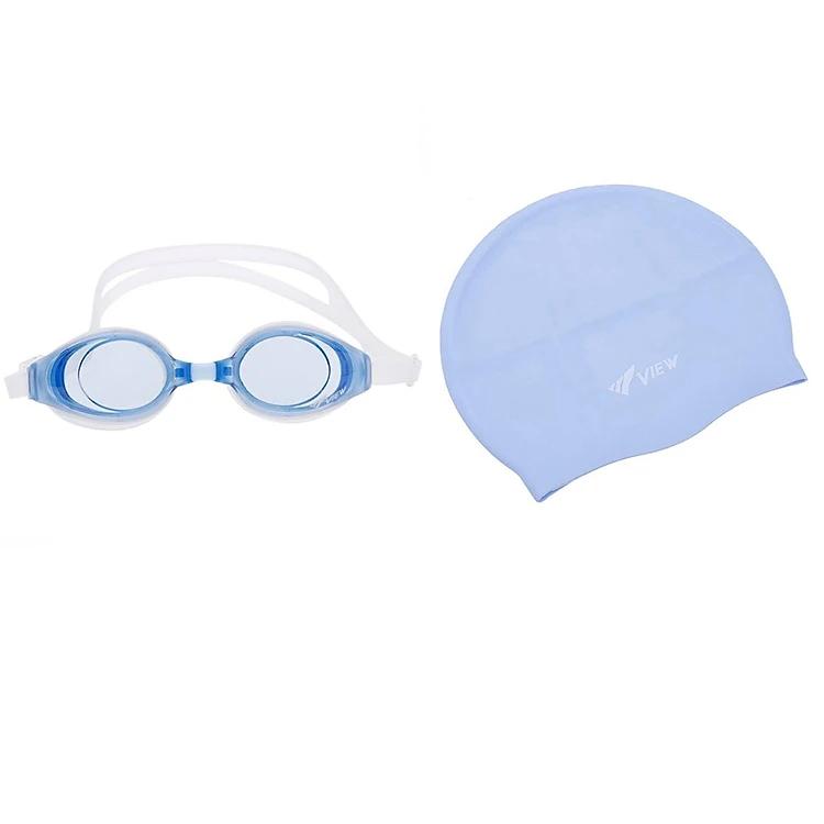 Bộ Kính Bơi VIEW V610 CLB (Xanh Trắng) Chống Sương Mù Chống tia UV Và Nón Bơi View V31 (Xanh nhạt)