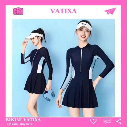 (Size M,L,XL) Đồ bơi nữ liền thân tay dài chống nắng che bụng chất thun lạnh co giãn VATIXA BKN169
