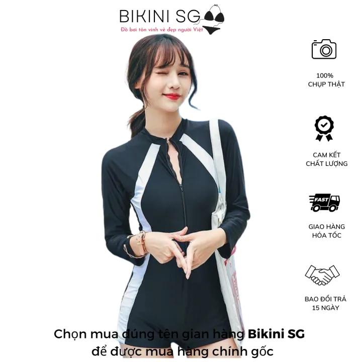 Đồ bơi nữ kín đáo dây khóa kéo liền thân tay dài màu đen sọc trắng đi bơi tiện lợi đi biển đẹp BIKINI SÀI GÒN