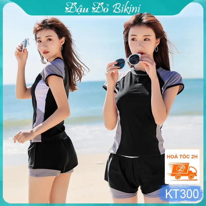 Đồ bơi nữ áo ngắn tay quần short đùi 2 lớp kín đáo, thiết kế trẻ trung, dấu bụng tốt, chất thun bơi Hàn cao cấp co giãn cao, thoải mái khi mặc | KT300