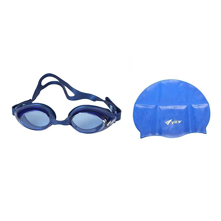 Bộ Kính Bơi VIEW V610 BL (Xanh dương đậm) Chống Sương Mù Chống tia UV Và Nón Bơi View V31 (Xanh dương đậm)