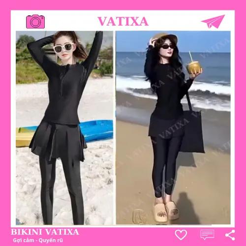 Đồ bơi kín đáo tay dài quần dài liền váy hoặc quần màu đen chất thun co giãn thoải mái