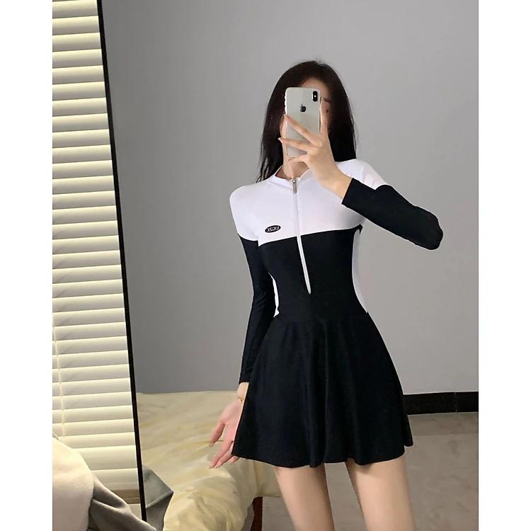 Bộ đồ bơi bikini nữ 1 mảnh kín đáo đi tắm biển giấu bụng váy liền áo dài tay chống nắng - B.27