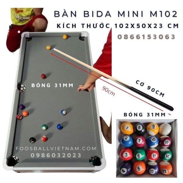 Bàn bi-a bida billiard mini M102 nhập khẩu giá rẻ + bi sứ 31mm (M102A) và 38mm (M102B) nặng 11kg
