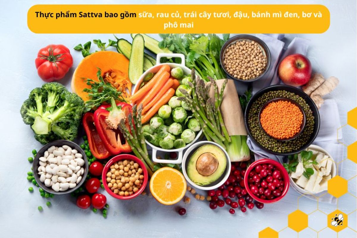 Thực phẩm Sattva bao gồm sữa, rau củ, trái cây tươi, đậu, bánh mì đen, bơ và phô mai