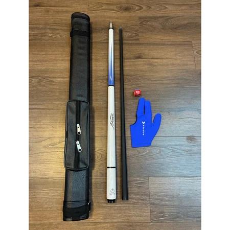 Cơ bida HCTQ trắng họa tiết báo, ngọn phủ carbon. Cơ bida lỗ phủ carbon