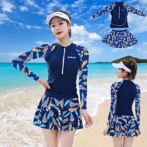[M,L,XL] Đồ bơi nữ bikini đi biền 2 mảnh dài tay khoá kéo phối váy có quần bảo hộ kín đáo hoạ tiết hoa lá VATIXA BKN-146