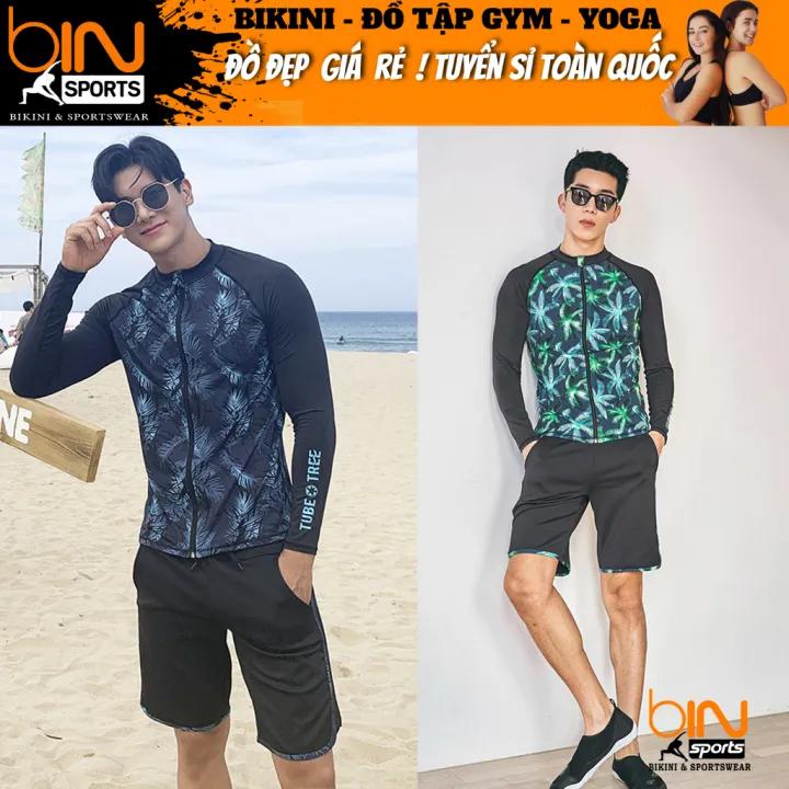 Bộ đồ bơi nam 2 mảnh áo dài tay phủ bụng quần có túi freesize dưới 75kg chất liệu thun lạnh BINSPORTS BHV228