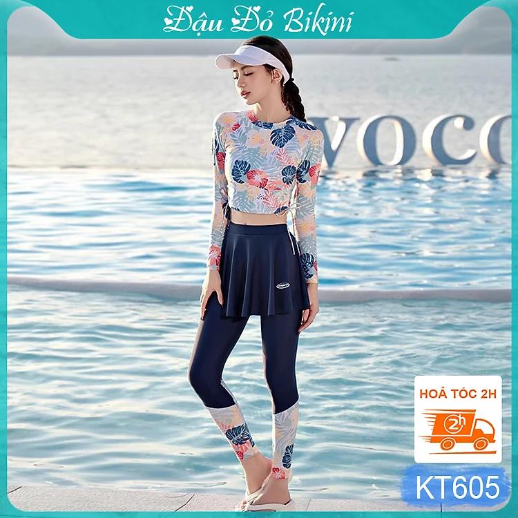 Bộ bơi nữ dài tay chống nắng toàn thân, thiết kế 3 mảnh mới trẻ trung cho eo thon gọn, thun bơi lạnh cao cấp dày mịn mát, bảo vệ da tối ưu và tôn dáng hoàn hảo | KT605