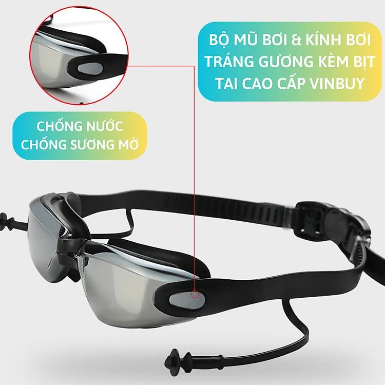 Kính Bơi Tráng Gương kèm bịt tai cao cấp VinBuy chống sương mù, chống tia UV Hàng chính hãng