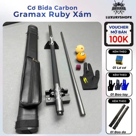 Cơ Bida Carbon Gramax Ruby Xám, Combo Bao Da+Găng Tay+Lơ+Cơ Bida Cao Cấp 19oz Chống Rung Billiards Luxuryshopx
