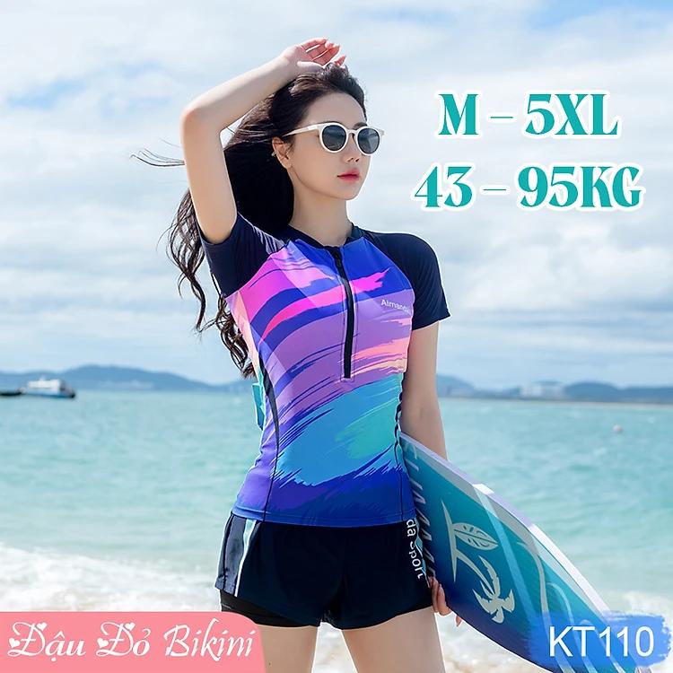 Bộ bơi nữ big size cao cấp, mẫu 2 mảnh áo cộc tay có khóa kéo trước, quần boxer trẻ trung, chất thun bơi lạnh Lycra co giãn đa chiều, dày d  ặn mịn mát, chống thấm nước nhanh khô | KT110