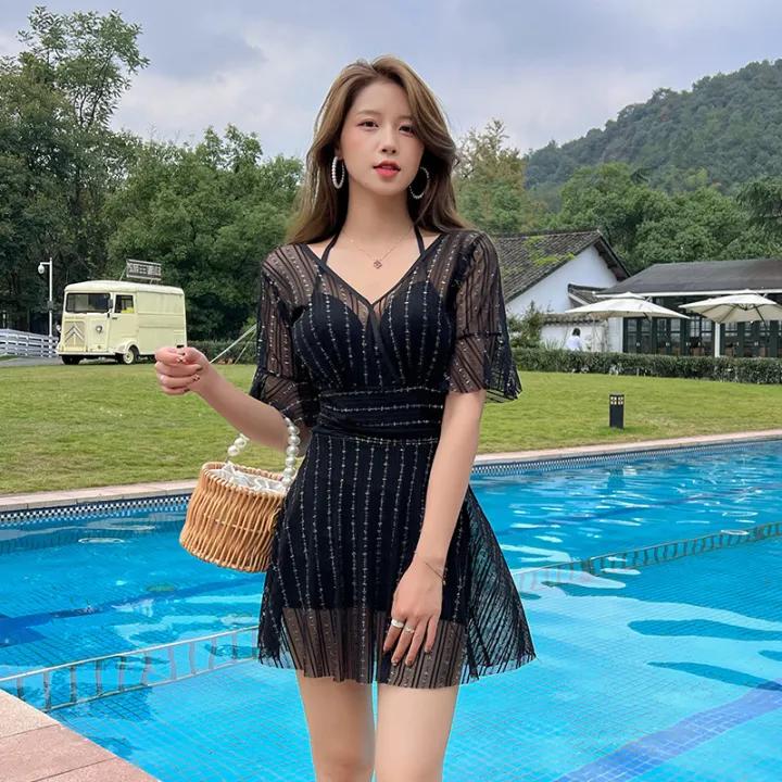 Bikini Đồ Bơi Nữ Kín Đáo Có Tay Anh Kim Tuyến- Áo Bơi Liền Thân Dạng Váy Che Khuyết Điểm Tôn Dáng