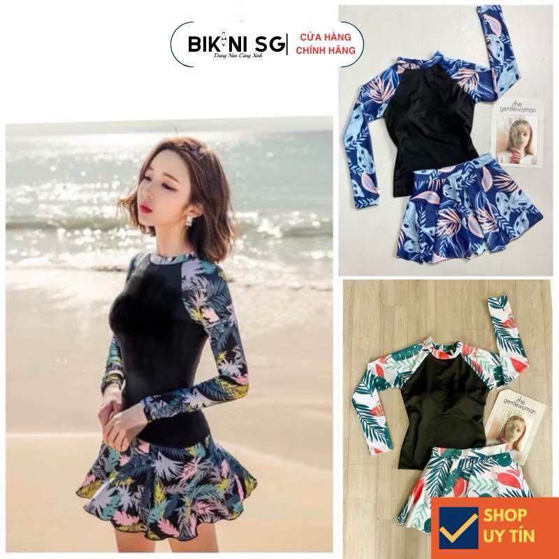 [Size L, XL, XXL] Đồ bơi nữ kín đáo tay dài chống nắng phối váy xoè hoạ tiết hoa in cao cấp Áo tắm Bikini Sài Gòn
