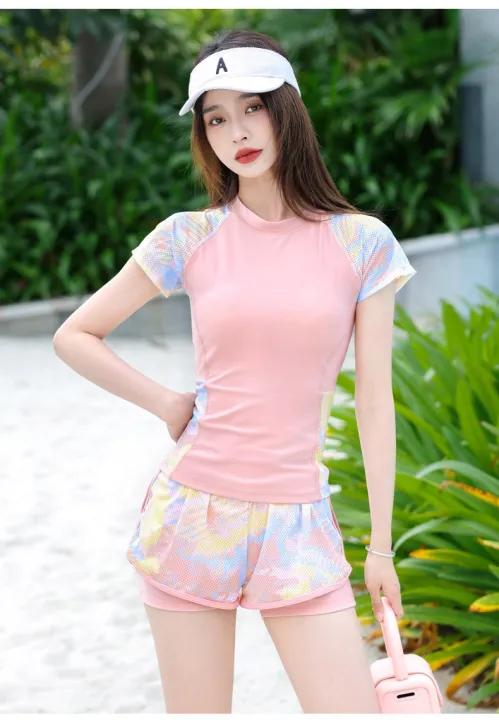 Bikini Bộ Đồ bơi nữ YLIKE áo tắm hai mảnh ngắn tay cá tính chất thun lạnh hàn quốc quần 2 lớp che bụng kín đáo