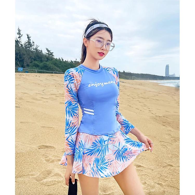 Bộ đồ bơi bikini kín đáo nữ hai mảnh đi tắm biển áo dài tay kèm váy giấu bụng che nắng - B.29