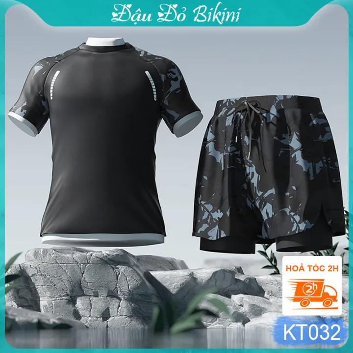 Bộ bơi nam quần 2 lớp trẻ trung nam tính thời trang, đồ bơi đồ tập kín đáo chống lộ, chất thoáng khí nhanh khô, áo thun bơi co giãn tốt, có size lớn | BN032