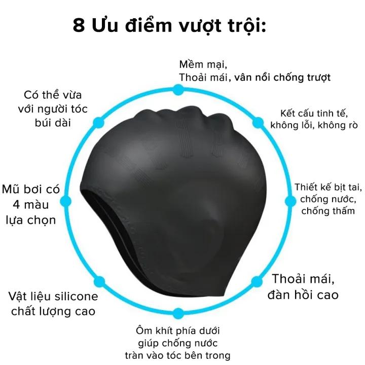 Mũ Bơi Người Lớn Trùm Tai, Nón Bơi Trẻ Em Silicone Siêu Co Giãn