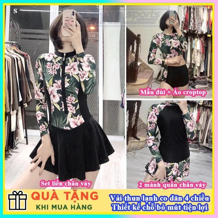 Đồ bơi nữ 2 mảnh váy dáng váy duyên dáng quần short trong váy bikini nữ đi biển họa tiết hoa lá màu xanh QP009