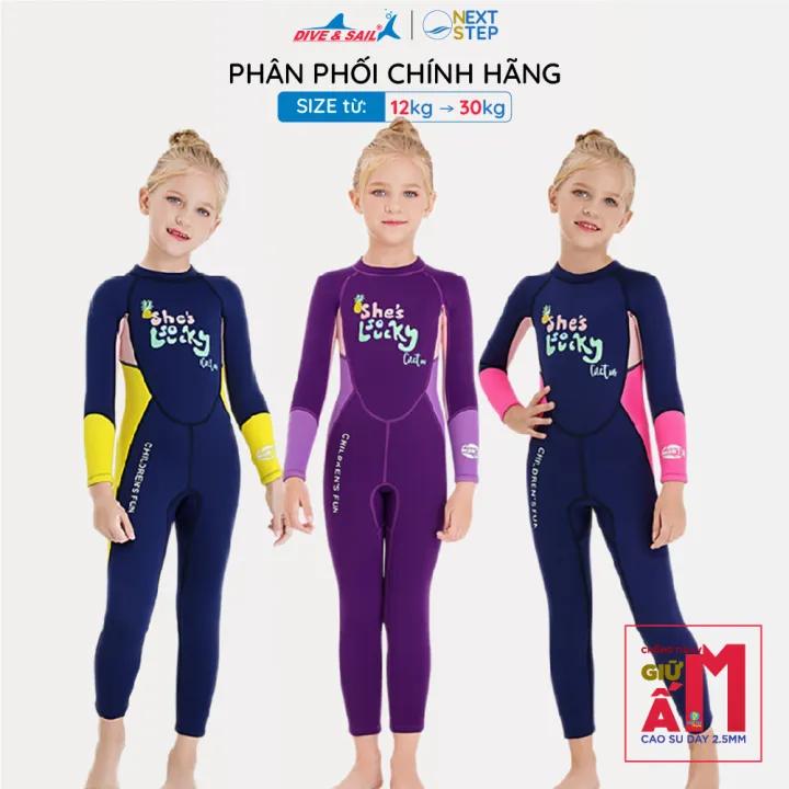Đồ bơi giữ nhiệt bé gái DIVE AND SAIL size 12-30kg, cao su dày 2.5mm tay dài quần dài ngăn tia UV