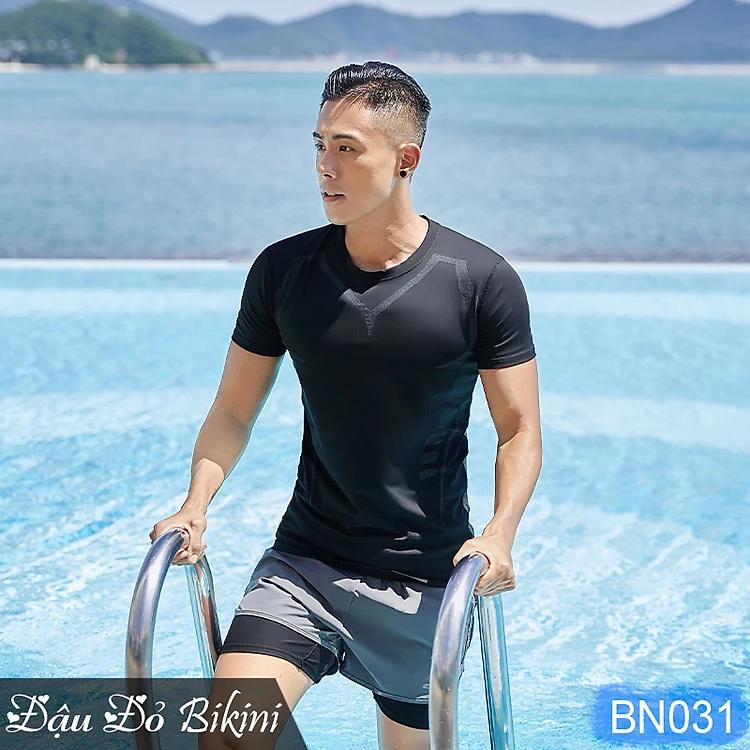 Bộ đồ bơi nam ngắn tay + quần boxer 2 lớp, họa tiết mạnh mẽ, set quần áo đi biển, đi bơi cho nam giới, chất thun bơi dày dặn mịn mát đẹp | BN031