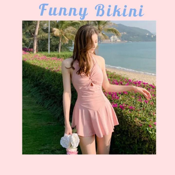 Bikini, đồ bơi đi biển một mảnh chéo lưng liền thân dạng váy có quần trong kín đáo màu hồng MS-88