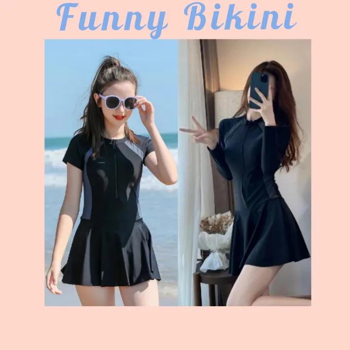 Bikini đồ bơi đi biển một mảnh dây kéo đen phối xám form váy có quần bảo hộ kín đáo FUNNY BIKINI MS-009