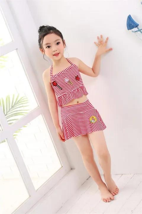 Sét nguyên bộ đồ bơi bé gái kẻ sọc họa tiết ngộ nghĩnh ngày hè LZBK004