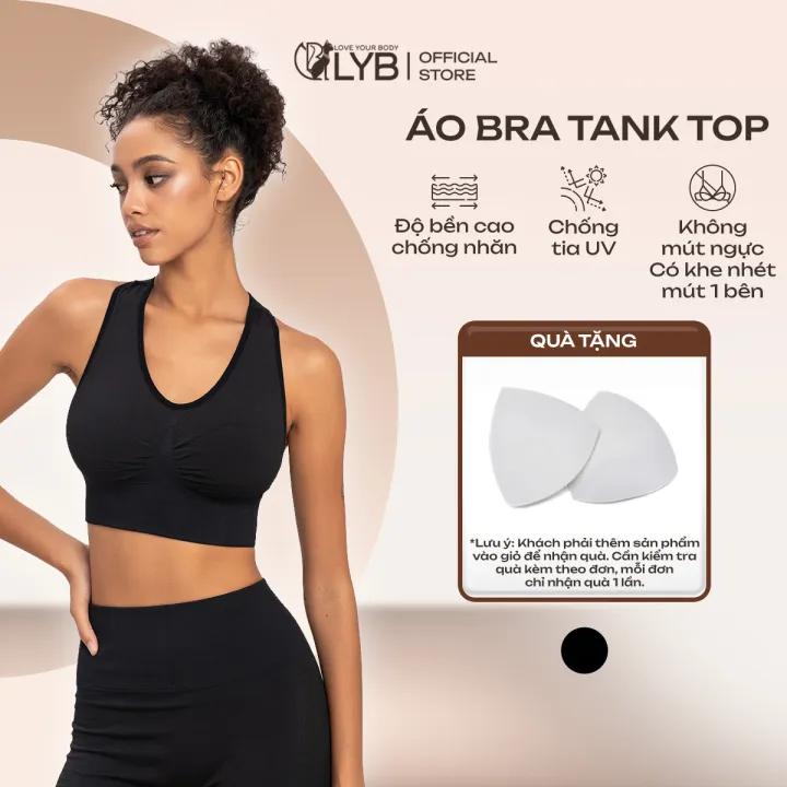 LYB - Áo bra tank top tập gym yoga nữ, chất dệt kim co giãn thoáng khí, không mút, có khe nhét 1 bên