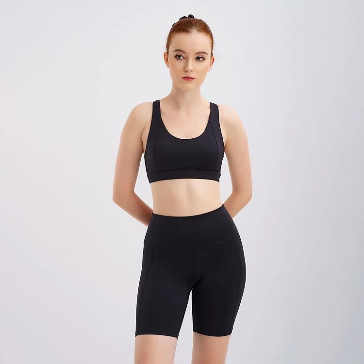 Set đồ tập yoga gym Luxury Hibi Sports H143, quần đùi lưng cao, màu Đen kèm mút ngực, vải cao cấp Lu Fabric