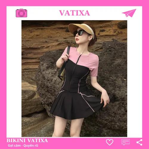 Đồ bơi nữ đi biển 2 mảnh tay ngắn phối hồng kèm chân váy có quần đùi trong váy kín đáo VATIXA BKN160