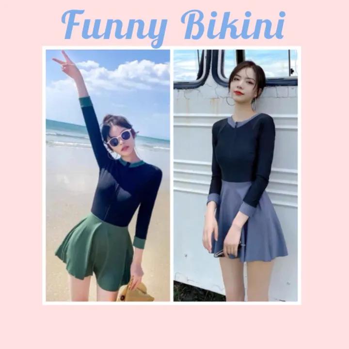 Bikini đồ bơi đi biển một mảnh dây kéo đen phối form váy có quần bảo hộ kín đáo FUNNY BIKINI MS-008